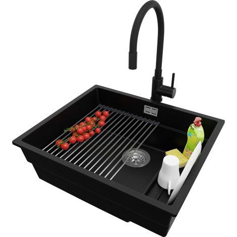 PRIMAGRAN Evier Cuisine en Granit 56x47cm, Lavabo 1 bac + Robinet 40x38cm + Kit de Vidage + Accessoire, Évier à Encastrer au meuble 60cm - Prague Slim, Noir (1/5)