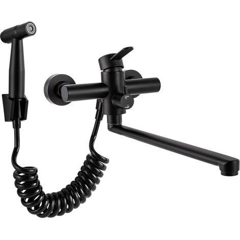 Robinet avec pistolet pulvérisateur, robinet mural de cuisine, montage mural, en acier inoxydable brossé, robinet d'évier pivotant à 360°, tube rotatif de 35 cm (1/5)
