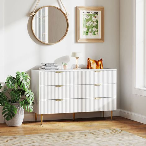 Rangement Commode 6 tiroirs chambre meuble de rangement moderne avec poignées et pieds dorés 120 x 40 x 76,5 cm - blanc (1/4)
