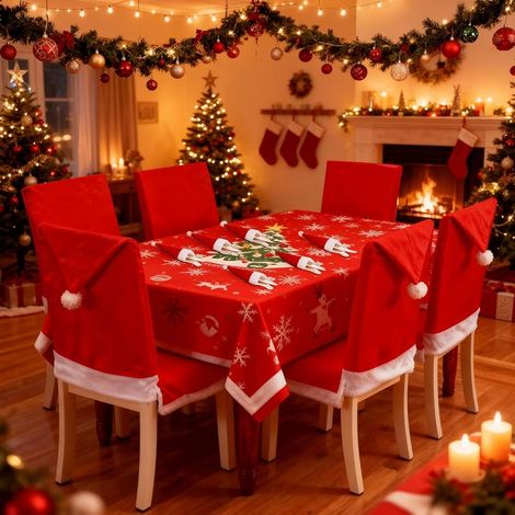 Lot de 6 housses de chaise de Noël en feutre avec 6 poches à couverts pour fourchette, couteau, table à manger, fête de Noël, décoration de Noël