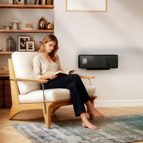 Calefactor cerámico de pared de 1000/2000 W, radiador eléctrico, ventilador, termostato, temporizador, 54 x 18,7 x 12,3 cm, negro. (1/5)