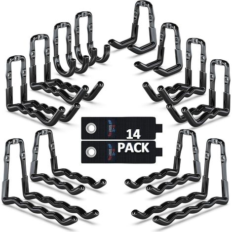 3-H Lot de 14 Crochets Muraux Garage Monobloc en Acier Robuste, Support 40kg, Kit de Rangement Outils Mural pour Échelle, Vélo, Tuyaux et Outils de Jardin (1/5)