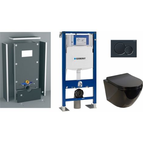 Pack WC suspendu sans bride KELOS Flush Noir brillant – Bâti-support Geberit Duofix UP320 – Abattant frein de chute – Habillage à carreler (1/5)