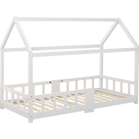 Lit cabane enfant blanc en bois de pin avec tableau, sommier à lattes et barrière anti-chute, pour chambre d'enfant et salle de jeux (1/5)