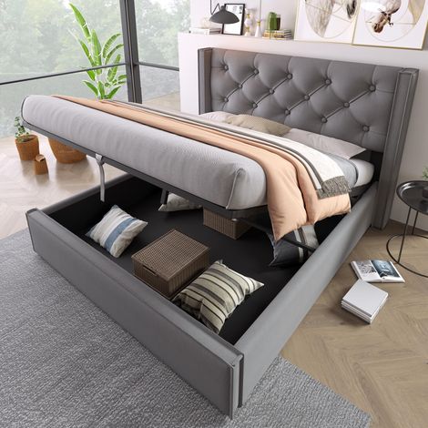 Lit double hydraulique capitonné 140x200cm, sommier à lattes en métal, cadre de lit moderne avec espace de rangement, coton, gris, garantie 2 ans (1/5)
