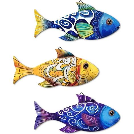 Décoration murale poissons style marin, lot de 3 en MDF coloré. Panneau mural océan pour salle de bain, salon, - Poisson Jaune Bleu (1/5)