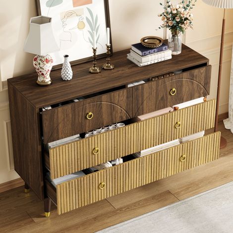 Kommode mit 6 Schubladen, 120 x 40 x 81 cm, doppelte Retro-Holzmaserung, konische Beine, MDF und Spanplatte, Naturfarbe