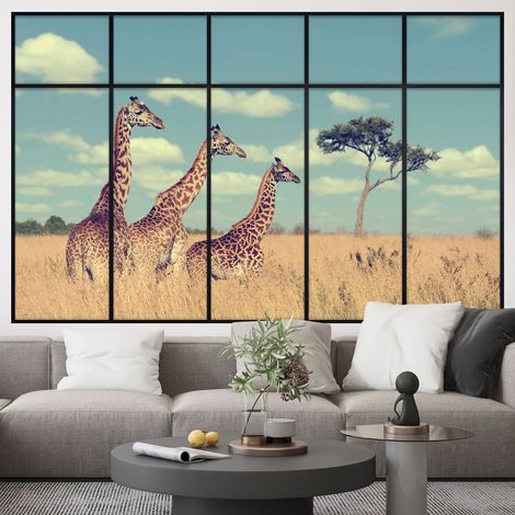 Stickers Trompe l'oeil fenêtre verrière - Girafes Savane - 60 x 95 cm (1/5)