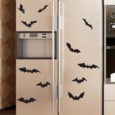 2 láminas de decoración de pared con murciélagos, pegatinas 3D de murciélagos para decoración de Halloween, impermeables, negras, con murciélagos espeluznantes para la decoración de habitaciones. (1/5)