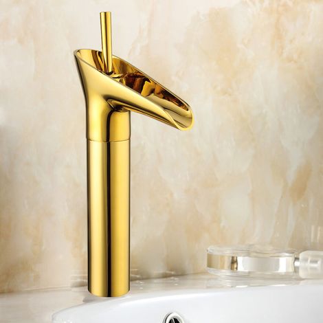 Grifo de lavabo de baño dorado en cascada, mezclador monomando, grifo de baño, lavabo (1/5)