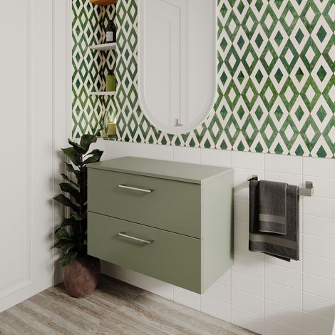 Nuie Arno Satin Green 800mm Wall Hung 2 Drawer Vanity Unit with Worktop - ARN826W (1/5)