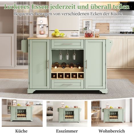 Chariot de service roulant avec plan de travail rabattable, îlot mobile sur roues, casier à bouteilles, porte-verres, range-épices et porte-serviettes, 120 x 45/70 x 92 cm, vert – Meuble de cuisine po (1/5)