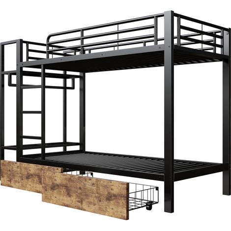 Etagenbett 90 x 200 cm aus Metall und MDF, schwarz, mit LED, 2 Schubladen und Stauraum (1/5)