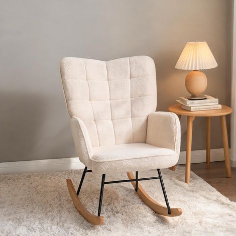 Fauteuil à bascule 120 kg tissu beige et bois 71 x 98 x 101 cm (1/5)