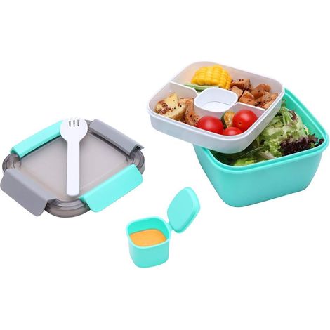 Boîte à lunch - Boîte à lunch étudiante à double compartiment et à plusieurs couches, compatible micro-ondes -Trompette verte 1,1 L (1/5)