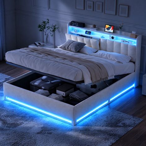 JOOKGBD-Polsterbett Doppelbett 140x200 cm,Hydraulisches Bett mit Bettkasten und Lattenrost,Jugendbett,Staufach-Kopfteil mit LED und USB Ladestation, Stauraumbett Funktionsbett,Samt,Ohne Matratze,Beige (1/5)