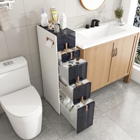 MODFU – Meuble rangement étroit 42,5x27,5x99 cm PP – 4 tiroirs et 2 couvercles – Roulettes avant et pieds antidérapants – Salle de bains – Blanc (1/5)