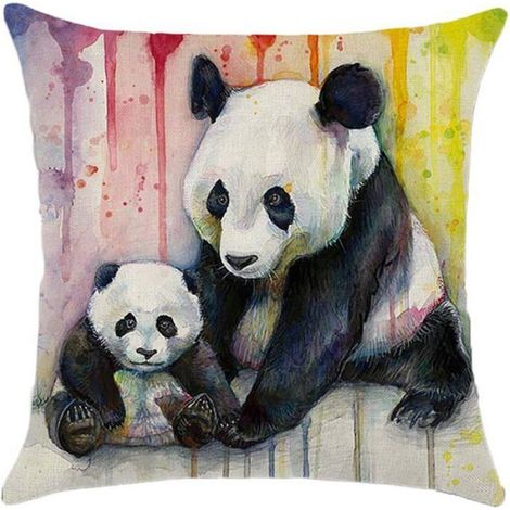 Taie D Oreiller - Lin Naturel - 45x45 Cm - Motif Panda Arc En Ciel - Pour Salon Bureau Voiture - 1 Unite
