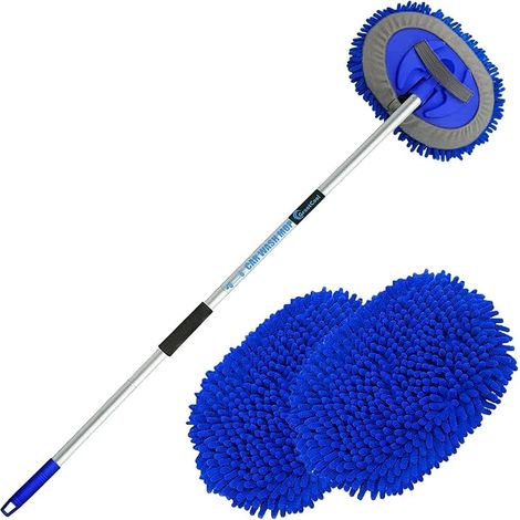 Brosse Lavage Voiture Nettoyage à Manche Long Kit de Vadrouille, 2 en 1 Chenille Microfibre Balai Pinceau pour Véhicule Voitures Camion Caravane, sans Rayures (Bleue) (1/5)