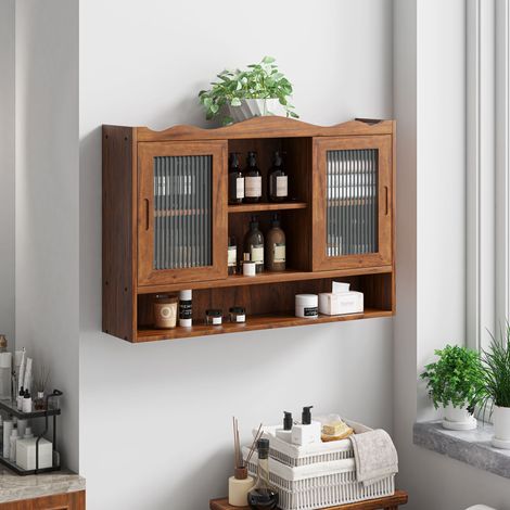 Armoire coulissante rétro 2 portes de 90 CM Trois niveaux d’espace de rangement,adaptée aux salles de bain,cuisines,salles à manger,marron (1/5)