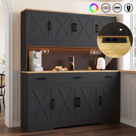 Credenza alta con porta scorrevole 150x40x180 cm nera effetto legno, LED colorata, prese e USB (1/5)
