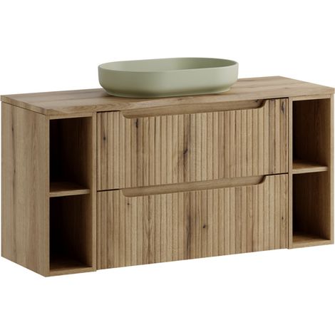 Meuble salle de bain suspendu NOVA Chêne naturel 120cm – Vasque ovale vert olive, 2 tiroirs et étagères (1/5)