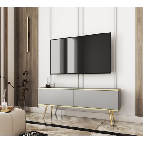Mobile TV, Grigio, gambe dorate, 135 x 30 x 32 cm, apertura push-to-open (1/3)