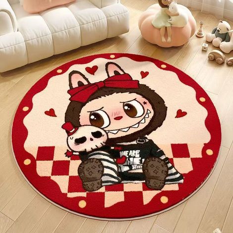 Tapis salon anti-taches facile d'entretien, moquette ronde imitation cachemire motif labubu dessin animé, antidérapant pour chambre enfant, jeté de lit moderne