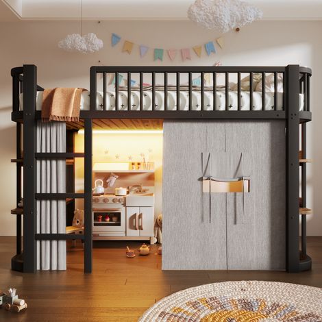 Lit mezzanine 90x200 cm – avec rideaux occultants led et rangements – métal et mdf – noir (1/5)