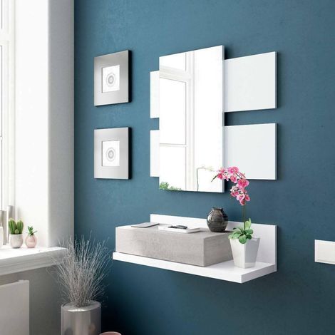 Meuble d'entrée Erie, entrée suspendue avec miroir, meuble avec tiroir pour entrée, 75x29h90 cm, Blanc et Ciment (1/5)