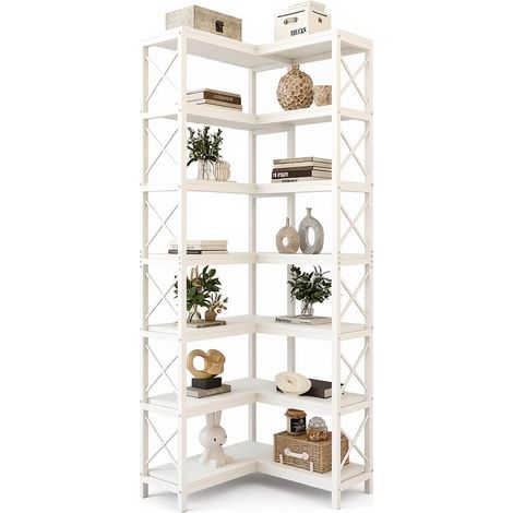 Estantería de esquina CHICFURN 200 cm blanca de metal y madera, 14 huecos, estilo industrial (1/5)