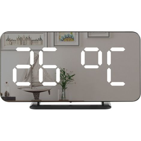 Digitaler LED-Spiegelwecker, Temperaturanzeige, Doppelalarm, 3 Helligkeitsstufen, 12/24-Stunden-Format.