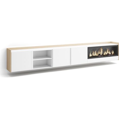 Skraut Home - Mueble TV, Televisión, Muebles de salón, almacenaje, 315x35x50cm, Para TV hasta 80", Chimenea eléctrica XXL, Colgado, Suspendido, Estilo Moderno, Blanco y roble soft (1/5)