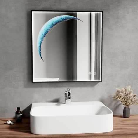 EMKE LED Bathroom Mirror Illuminated Moon Art Mirror 600mm Square Black Frame Dimmable Anti-fog Vanity Mirror (1/5)