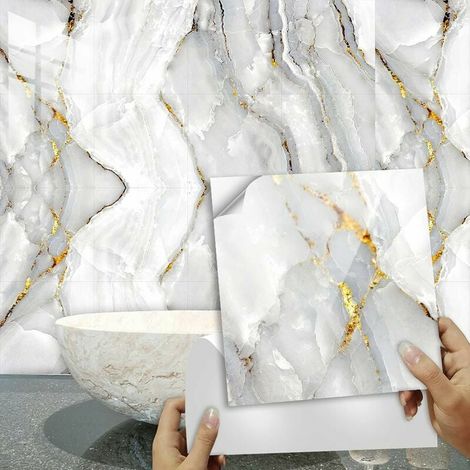 ZVD-Credence Adhesive pour Cuisine 20X20 Marbre Doré Stickers Cuisine Stickers Muraux Cuisine Carrelage Adhesif Mural Stickers Salle de Bain Dalle Pvc Adhesive Murale (16 Pièces) (1/4)