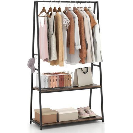 Portant à vêtements marron en métal avec 2 étagères, tringle et crochets, structure stable pour chambre, entrée et buanderie (1/5)