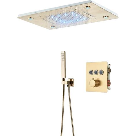 Rubinetto per doccia, soffione doccia a LED, struttura in ottone resistente, colore oro spazzolato A (1/2)