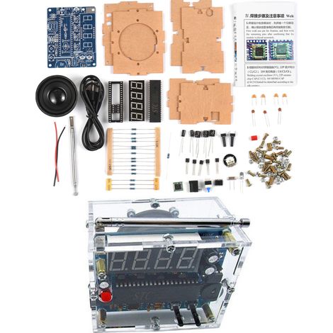 Kit radio FM numérique LED à monter soi-même, module SCM, kit soudure pratique, haut-parleur 5W, réglage fréquence 87-108MHz, câble USB 5V CC, boîtier transparent (1/5)