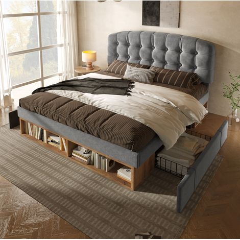 Bett Einzelbett Aufbewahrung 90x200 Samt Grau OKMYHOME (1/5)