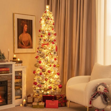 Sapin de Noël blanc enneigé 180 cm en PVC avec 150 lumières blanc chaud et pied métallique stable pour salon, entrée et fêtes (1/5)