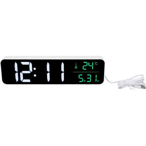 Réveil musical LED, luminosité réglable (5 niveaux), grand écran 12/24 h, affichage de la température et de la date, horloge numérique, utilisation sur secteur. (1/5)