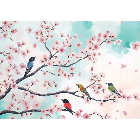 Papier peint panoramique oiseaux fleurs de cerisier branches 150x105 cm mural salon chambre petit format (1/5)