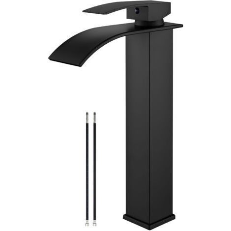 Robinet de lavabo noir mat, robinet de salle de bain à haute cascade, robinet de lavabo monotrou à poignée unique avec grand bec rectangulaire, robinet de lavabo de bar, meuble-lavabo (1/5)