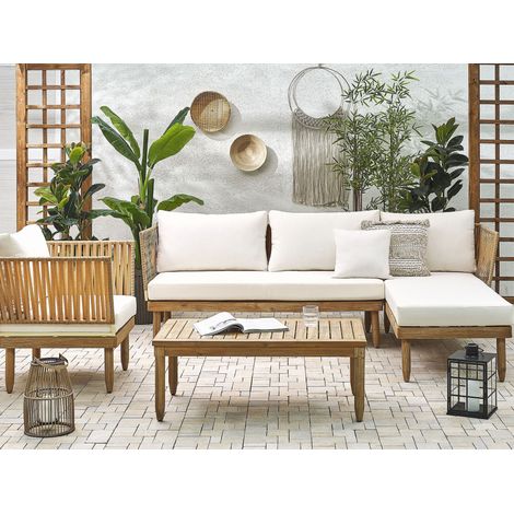 Sofá esquinero 4 plazas de madera de acacia clara izquierdo cojines mesa Cremona (1/5)