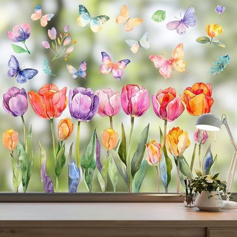 Sticker de Fenêtre Tulipes & Papillons - Ensemble de 83 Pièces - 22x30 cm - Thème Printemps & Jardin - Film Pvc Statique - Sans Colle (1/5)