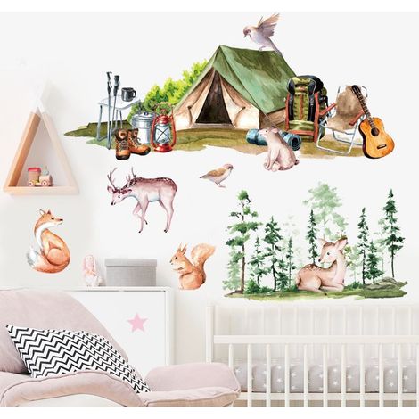 Lot de 2 Tente en Bois Forêt Renard Fauve Oiseau Amovible Décoratif PVC Stickers Muraux Salon Chambre AutoAdhésif Art (1/5)
