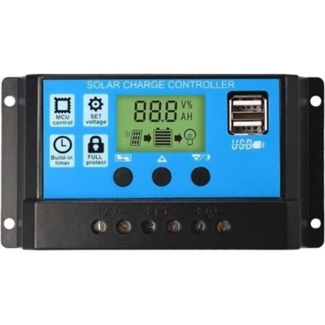 Régulateur de charge de panneau solaire PWM, 12 V/24 V, 30 A, écran LCD, double port USB