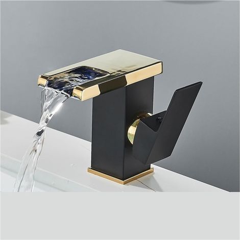 Robinet de vanité de salle de bains à LED Robinet d'évier cascade noir Robinet mitigeur d'eau chaude et froide à montage sur pont LED(Short Black gold) (1/5)