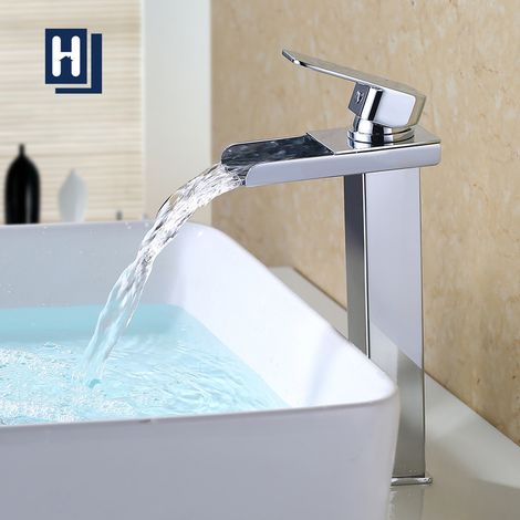 Robinet Mitigeur De Lavabo Cascade Chromé À Bec Haut Pour Vasque À Poser Salle De Bain Design Moderne En Acier Inoxydable (1/5)