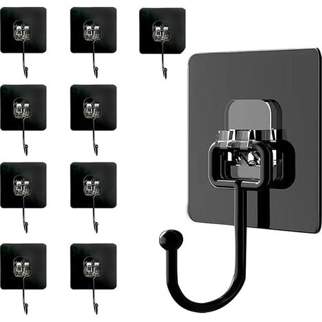 Lntyq Selbstklebende Haken, Wand-Klebehaken, Decken-Klebehaken, 10 Stück (maximale Belastung 50 kg), extra starke schwarze wasserdichte und unsichtbare Haken für Handtücher, Decke, Wand, Küche, Schlüs (1/5)